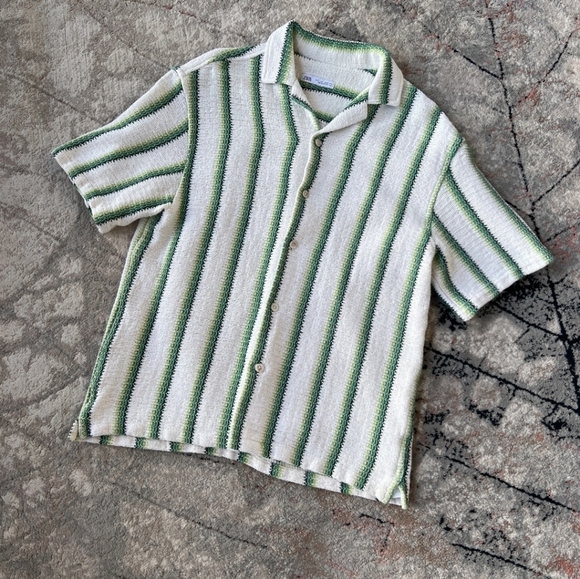 Zara Men's Short Sleeve Shirt Size Small Button Striped Cotton,beige And Green. - Picture 3 of 11